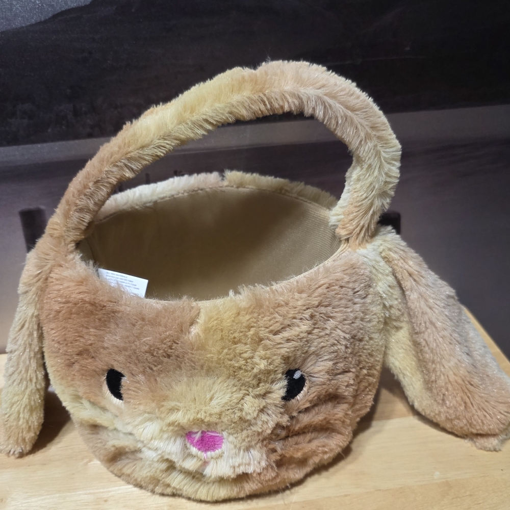 Cuddly Plush Tan Bunny Rabbit Easter Basket - Brown and Pink